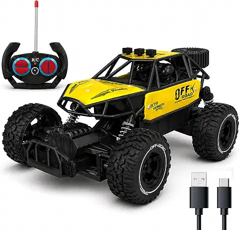 Yellow RC Car Rock Crawler Remote Control Car with LED Headlight, Rechargeable Battery High Speed Off Road RC Car, Monster Truck Toy Car for Kids & Boys 7-14 Years | Remote Control Car Toy Gift
